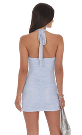 Ruched Foil Mesh Bodycon Dress in Light Blue